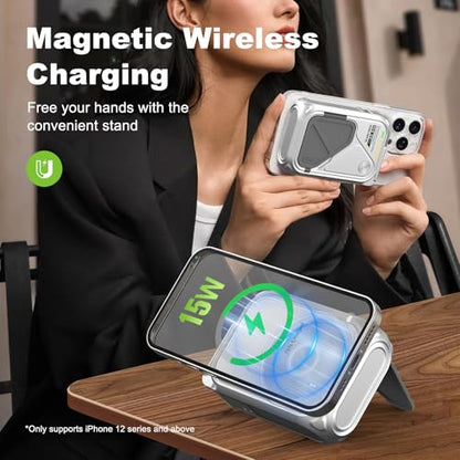 P05 Portable Charger, Magnetic Power Bank, Small Wireless PowerBank, Battery Pack10000mAh Travel Essentials Fast Charging with Built in Cable, Foldable Wall Plug for iPhone,Andriod（Metal Material） - color: Silver