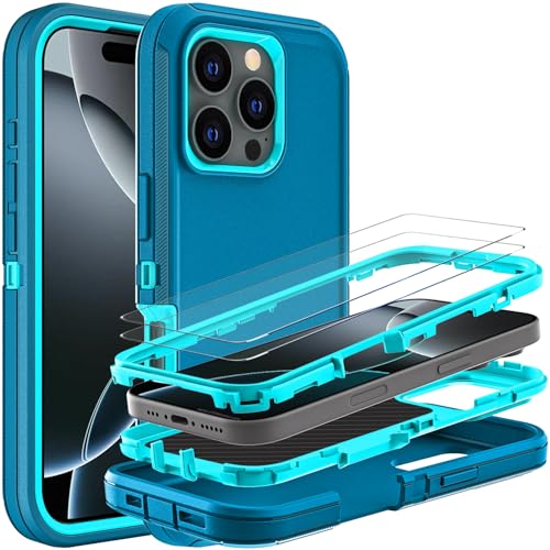 YKHJKLEC for iPhone 16 Pro Case, Military Grade 3 in 1 Heavy Duty Shockproof/Drop Proof/Dust Proof Case with 2Pcs Tempered Glass Screen Protector (Blue/Turquoise) - color: Blue/Turquoise