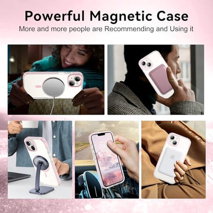GUAGUA Magnetic for iPhone 15 Case, [Compatible with Magsafe] Military Shockproof Protective Bumper Cute Transparent Slim Anti-Yellowing Phone Cover for iPhone 15 6.1", Clear Pink - size: iPhone 15