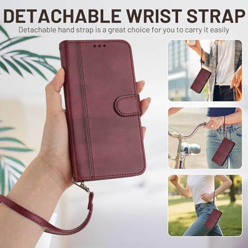 for Galaxy A17 5G Phone Case Wallet and Wrist Strap (Red) | Card Holder Slots, PU Leather, Flip Cover, Magnetic Closure, Kickstand, Folio Protective, for Samsung A17 Case - color: Wine Red