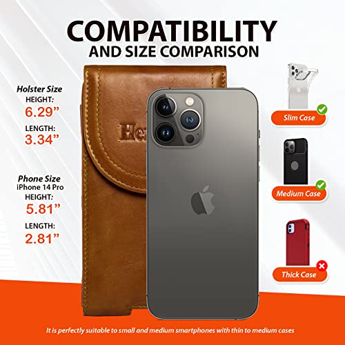Genuine Leather Cell Phone Holster Case with Belt Clip Phone Pouch - color: Brown
