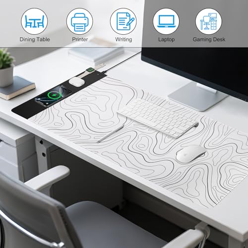 VOVIPO 3 in 1 Wireless Charging Mouse Pad, Desk Mat with Wireless Charger Multiple Devices Compitable with Watch/iPhone, White Topographic Large Desk Mat(90 x 40cm) for MacBook, PC, Laptop - color: White Topographic
