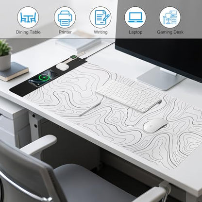 VOVIPO 3 in 1 Wireless Charging Mouse Pad, Desk Mat with Wireless Charger Multiple Devices Compitable with Watch/iPhone, White Topographic Large Desk Mat(90 x 40cm) for MacBook, PC, Laptop - color: White Topographic