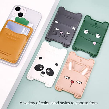 Cell Phone Wallet,White Leather Cute Panda, Secure Card Holder for iPhone, Android & Smartphones,Premium Leather,Adhesive Sleeve Pocket,Minimalist Design