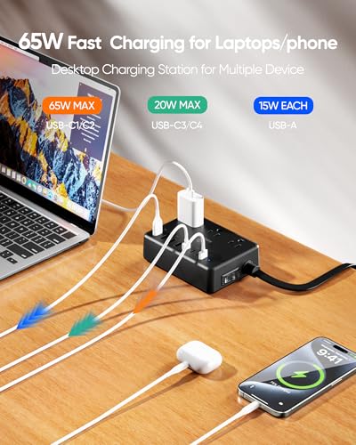 Kakyanill 100W Charging Station, Power Strip with 6 AC Outlets 8 USB Ports - color: Black