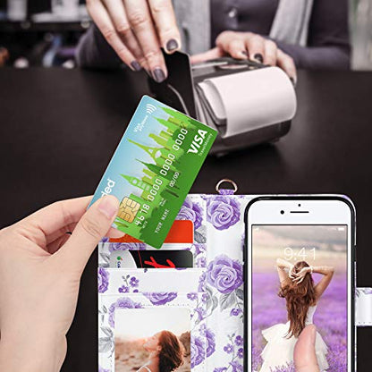 ULAK for iPhone SE 3(2022)/SE(2020)/8/7 Wallet Case Card Holder, Purple | Premium Floral PU Leather Flip Case with Kickstand Card Slots,RFID Blocking,Wrist Strap, Durable Shockproof Cover 4.7 Inch - color: Bling Purple