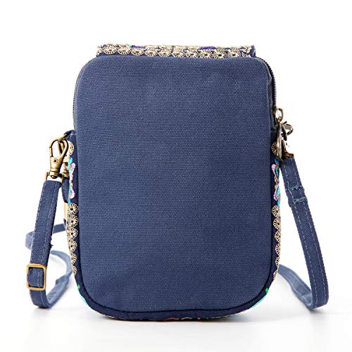 SILKAREA Embroidered Cute Mini Crossbody Bag for Women Small Handbags Wristlet Wallet Bag Cell-phone Pouch Coin Purse - color: Blue + Flower-small