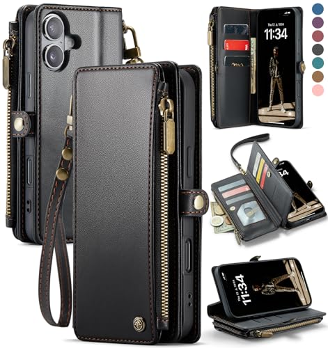 Defencase for iPhone 17 Wallet Case with RFID Blocking Card Holder, Black | Durable Soft PU Leather, with Zipper Pocket, Wrist Strap, Fashion Snap Flip Phone Cases Cover with Stand for Women and Men - color: Black