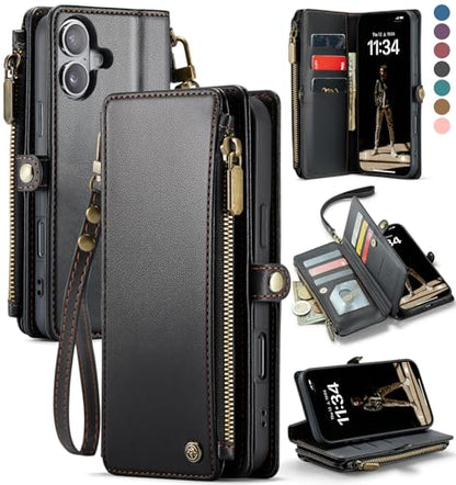 Defencase for iPhone 17 Wallet Case with RFID Blocking Card Holder, Black | Durable Soft PU Leather, with Zipper Pocket, Wrist Strap, Fashion Snap Flip Phone Cases Cover with Stand for Women and Men - color: Black