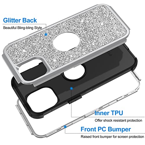 Hython Case for iPhone 13 Case Glitter, Cute Sparkly Shiny Bling Sparkle Cover, Heavy Duty 3 in 1 Hybrid Hard PC Soft TPU Bumper Full Body Shockproof Protective Phone Cases for Women Girls, Silver - color: Silver