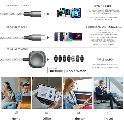 Apple Watch Charger 3 in 1 Multi Charging Cable 4FT Apple MFi Magnetic - color: Grey/Silver, size: 4ft