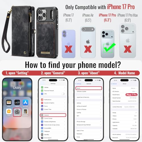 Compatible with iPhone 17 Pro Wallet Case with Magsafe,Black | Magnetic Detachable Case,Card Holder,Zipper Pocket,Strap Wristlet, Soft Leather Drop-Proof Phone Case for iPhone 17 Pro 6.3" - color: (Detachable and Magsafe)-Black, size: iPhone 17 Pro 6.3 In