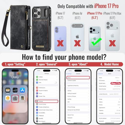 Compatible with iPhone 17 Pro Wallet Case with Magsafe,Black | Magnetic Detachable Case,Card Holder,Zipper Pocket,Strap Wristlet, Soft Leather Drop-Proof Phone Case for iPhone 17 Pro 6.3" - color: (Detachable and Magsafe)-Black, size: iPhone 17 Pro 6.3 In