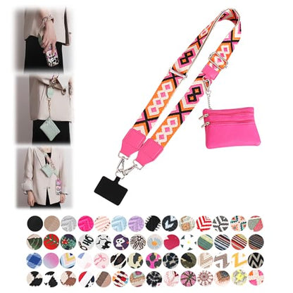 Phone Strap with Zippered Pouch, Clip and Go Strap for Phone with Wallet Crossbody, Adjustable Crossbody Phone Strap-3 - color: Bohemian Rose Red