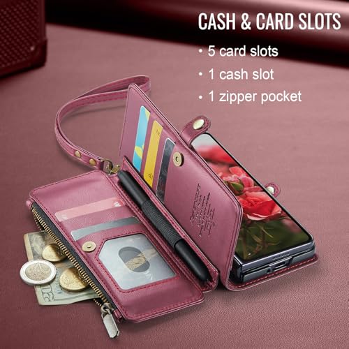 Defencase for Samsung Galaxy Z Fold 4 Wallet Case with Card Holder, WineRed | Durable Soft PU Leather, RFID Blcking Zipper Pocket, with S-Pen Holder & Strap, Flip Phone Cases with Stand for Women Men - color: Wine Red