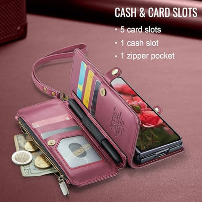 Defencase for Samsung Galaxy Z Fold 4 Wallet Case with Card Holder, WineRed | Durable Soft PU Leather, RFID Blcking Zipper Pocket, with S-Pen Holder & Strap, Flip Phone Cases with Stand for Women Men - color: Wine Red