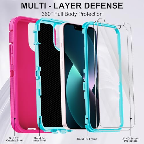 for iPhone 13 Case with 2 Screen Protector,Shockproof Drop Protection Full Body Heavy Duty 3 Layer Military Rugged Durable Phone Cover for Apple iPhone 13 6.1" (Pink) - color: Pink