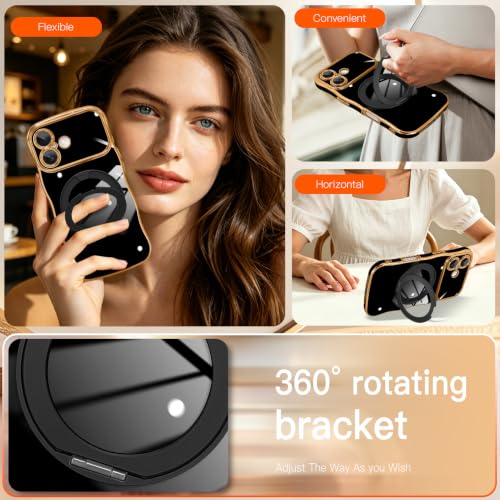 tharlet for iPhone 17 Case Black with 360° Spin Magnetic Stand | Cute Luxury Plating Gold Curly Wave Edge, [Compatible with Magsafe] Full Camera Lens Protection ,Women Girl daily matching - color: Black Curly Edge, size: iPhone 17