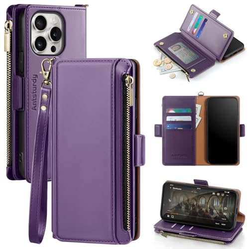 Antsturdy for iPhone 16 Pro Max Phone Wallet Case Women,Purple | RFID Blocking,with Credit Card Holder Slots,PU Leather Purse,Zipper Pocket,Wrist Strap Kickstand,Flip Folio Cover for Men - color: Purple