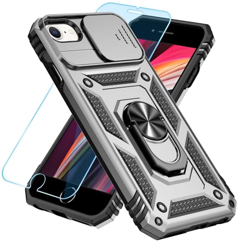 SunStory Compatible with iPhone SE 2022/2020/3rd/2rd / 6/7/8 Case with HD Screen Protector & Slide Camera Cover & Kickstand, [Military-Grade] Phone Case for iPhone SE 2020/2022/6/7/8 (Silver) - color: Silver