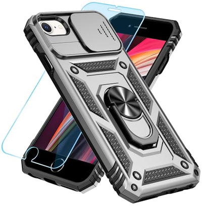 SunStory Compatible with iPhone SE 2022/2020/3rd/2rd / 6/7/8 Case with HD Screen Protector & Slide Camera Cover & Kickstand, [Military-Grade] Phone Case for iPhone SE 2020/2022/6/7/8 (Silver) - color: Silver