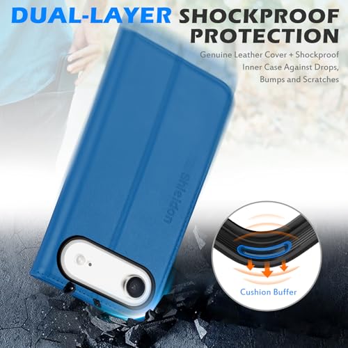 SHIELDON Genuine Leather Wallet Case for iPhone Air 6.5", Sapphire Blue | Magnetic Closure, RFID Blocking, Credit Card Holder, Kickstand, Folio Design, Shockproof Phone Cover - color: Sapphire Blue