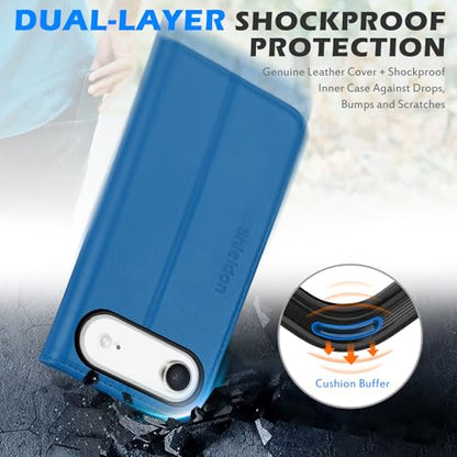 SHIELDON Genuine Leather Wallet Case for iPhone Air 6.5", Sapphire Blue | Magnetic Closure, RFID Blocking, Credit Card Holder, Kickstand, Folio Design, Shockproof Phone Cover - color: Sapphire Blue