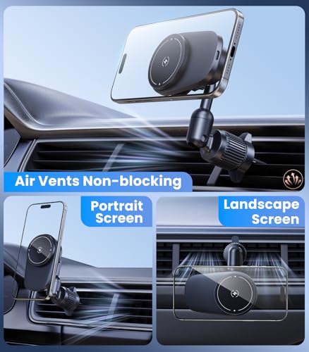 Long-arm Wireless Magnetic Car Phone Holder Mount with Cooling Fan & RGB Lights, 15W Fast Charging Auto-Rotate Charger for iPhone 17/16/15/14/13/12 S25 Samsung Google, Car Air Vent Mount - size: Vent clip