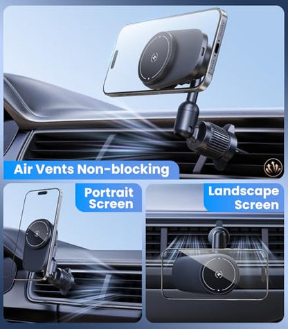 Long-arm Wireless Magnetic Car Phone Holder Mount with Cooling Fan & RGB Lights, 15W Fast Charging Auto-Rotate Charger for iPhone 17/16/15/14/13/12 S25 Samsung Google, Car Air Vent Mount - size: Vent clip