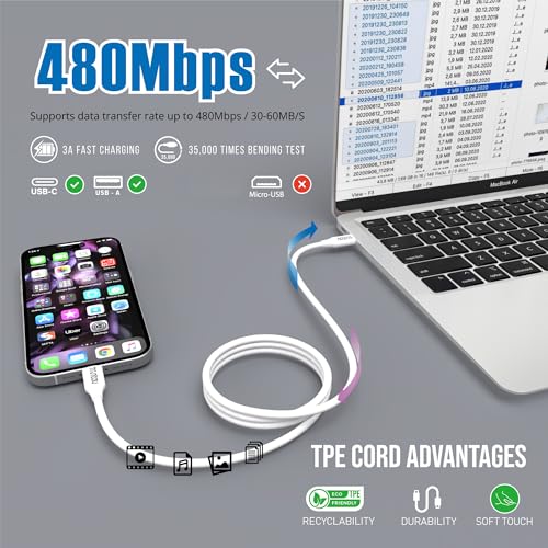 3FT USB A to USB C Cable, 60W Fast Charging, Compatible with iPhone 17/17 Pro Max/16/16e/16 Plus/15 Pro Max, Samsung Galaxy S24/S23/S22/S21 Ultra, Google Pixel, iPad Gen 4/5/6, CarPlay, White - color: White, size: 3FT A to C