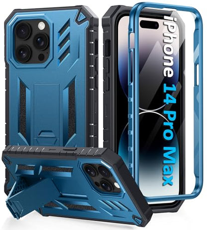 FNTCASE for iPhone 14 Pro Max Case, Built-in Screen Protector, Kickstand | 20FT Military-Grade Drop Protection, Anti-Slip Matte Textured, Rugged Heavy Duty Shockproof TPU Protective Cover - color: Kickstand Blue