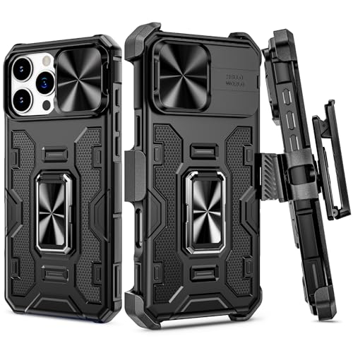 VEGO for iPhone 16 Pro Max Case with Belt Clip Holster and Kickstand Black | Slide Camera Lens Protector & Ring Kickstand Military Grade Heavy Duty Protection Cover for iPhone 16 ProMax - Black - color: Black