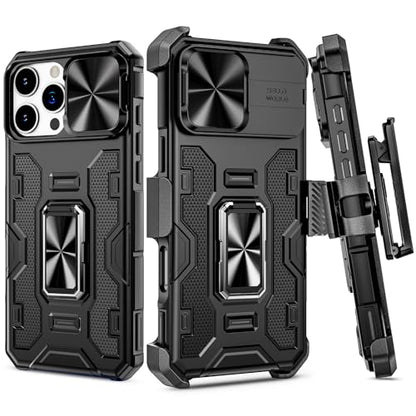 VEGO for iPhone 16 Pro Max Case with Belt Clip Holster and Kickstand Black | Slide Camera Lens Protector & Ring Kickstand Military Grade Heavy Duty Protection Cover for iPhone 16 ProMax - Black - color: Black