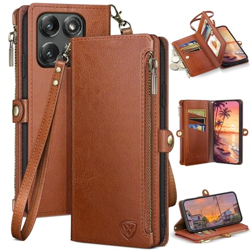 XcaseBar Compatible with ‌Moto Edge 5G 2025 Wallet case with Zipper Credit Card Holder【RFID Blocking】,Flip Folio Book PU Leather Phone case Shockproof Cover Women Men for Edge 2025 case Light Brown - color: Light Brown