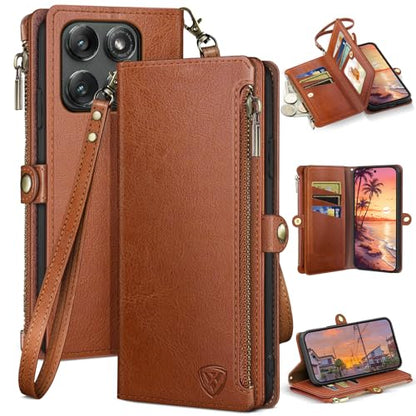 XcaseBar Compatible with ‌Moto Edge 5G 2025 Wallet case with Zipper Credit Card Holder【RFID Blocking】,Flip Folio Book PU Leather Phone case Shockproof Cover Women Men for Edge 2025 case Light Brown - color: Light Brown