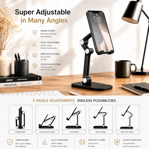 Phone Stand,(3 Cable Organizers for Desk),Set, Adjustable Phone Stand, Tablet Holder, Height & Angle Adjustable, Anti-Slip Base for Smartphones, Compatible with iPhone 17/16/15/14/13 & Android