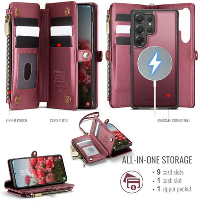 Defencase for Galaxy S23 Ultra Case Wallet Compatible with Magsafe, WineRed | Magnetic Detachable, RFID Bolcking Card Holder, Zipper Strap, PU Leather Drop-Proof Phone Cover for Samsung Galaxy S23 Ultra - color: (Detachable with Magsafe)-Wine Red
