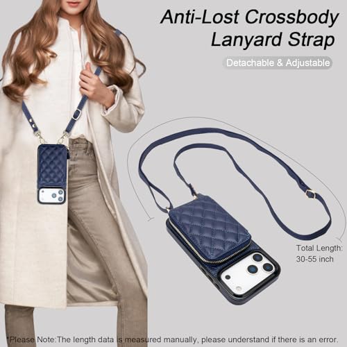 Bocasal Crossbody Wallet Case Card Holder for iPhone 17 Pro Max Dark Blue | RFID Blocking PU Leather Zipper Handbag Purse, Kickstand Flip Folio Case with Card Slots Holder Wrist Strap Lanyard 6.9 Inch - color: Dark Blue