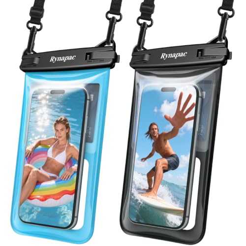 Rynapac Waterproof Phone Pouch Floating, 2 Pack IPX8 Dry Bag [Up to 8.5''] | Touchscreen & Underwater Photography, Adjustable Lanyard, for iPhone 17 16 15 Pro Max, Beach Cruise Essentials 2026 - color: Black & Blue