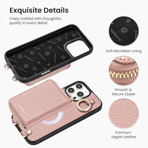 ORNARTO Magnetic Detachable Wallet Case for iPhone 16 Pro, Pink | Compatible with MagSafe, Crossbody Wallet Case with Card Holder Wrist Strap, RFID Blocking PU Leather Wallet Phone Cover 6.3” - color: Pink