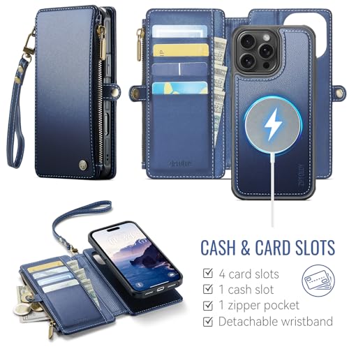 for iPhone 16 Pro Phone Case Wallet Magnetic Detachable, Navy Blue - color: Navy Blue, size: iPhone 16 Pro
