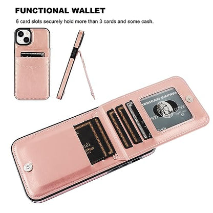 KIHUWEY for iPhone 15 Plus Wallet Case Card Holder Kickstand, Rose Gold | Credit Card Slots, PU Leather, Magnetic Clasp, Flip Heavy Duty Protection Cover for Men and Women - color: Rose Gold