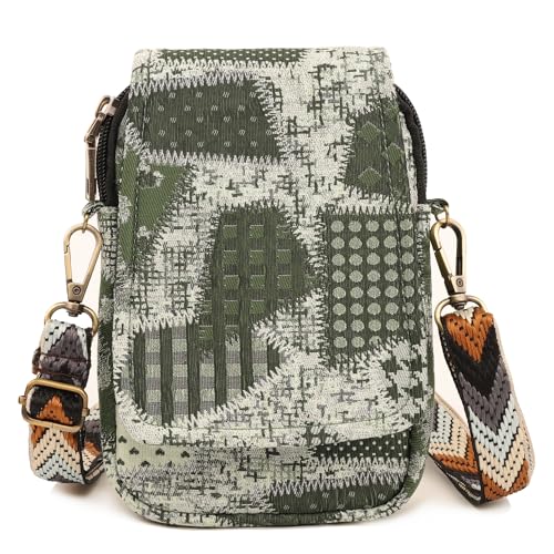 SILKAREA Embroidered Cute Mini Crossbody Bag for Women Small Handbags Wristlet Wallet Bag Cell-phone Pouch Coin Purse - color: Spliced Green