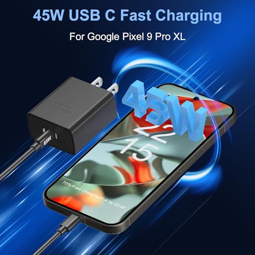 45W GaN USB C Fast Charger with 6.6FT C to C Cable for Google Pixel（Black） - color: Black, size: 6.6FT/2M