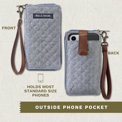 Bella Taylor Cell Phone Wristlet, Quilted Phone Wallet for Women | Lightweight, RFID blocking, phone pocket, built-in wallet, card organizer, coin pocket, secure zipper, quality construction - color: Blue Chambray