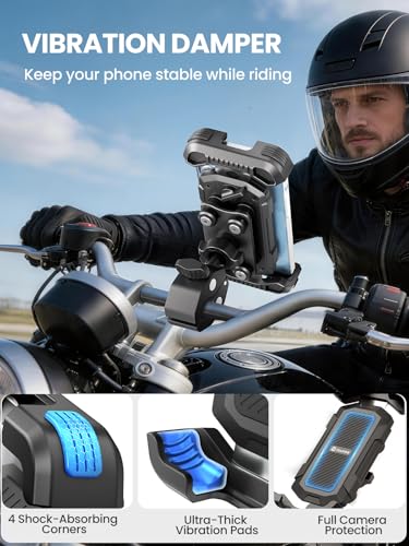 tounee Motorcycle Phone Holder Mount -Dual Vibration Dampener, Tool-Free Bike Phone Holder Handlebar Clip & Secure Lock for iPhone 16/15 Pro Max, 4.7-6.7" Phones - Black