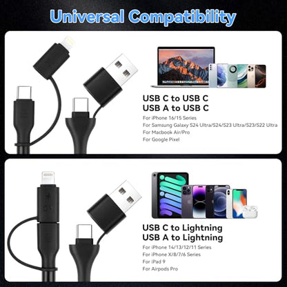 aceyoon Retractable Lightning Cable 4 in 1 Coiled Multi Charging Cable 3FT, 60W USB to Lightning Fast Charging & Data Sync USB C Cord for Apple Carplay & Android Auto for iPhone 16 15 14 13 Pro Max