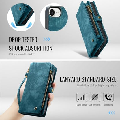 Compatible with iPhone 17E/16E Wallet Case with Magsafe,Blue | Magnetic Detachable Case,Card Holder,Zipper Pocket,Strap Wristlet, Soft Leather Drop-Proof Phone Case for iPhone 17E/16E - color: (Detachable and Magsafe)-Blue, size: iPhone 16E/17E 6.1 Inch