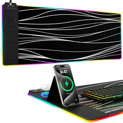 Wireless Charging RGB Mouse Pad with Phone Stand, Large Gaming Desk Mat - color: Wave - 31.5x15.8" Phone Stand No Adapter