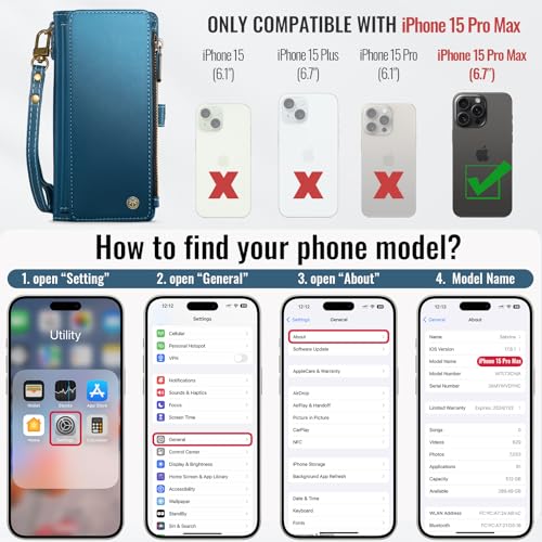 Defencase for iPhone 15 Pro Max Wallet Case with RFID Card Holder, DarkBlue | Durable Soft PU Leather, with Zipper Pocket, Wrist Strap, Fashion Snap Flip Phone Cases Cover with Stand for Women and Men - color: Lake Blue